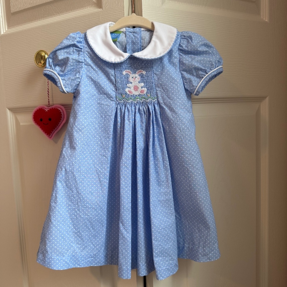 Velani Classics Blue/White Swiss Dot Bunny Dress with collar and smocking